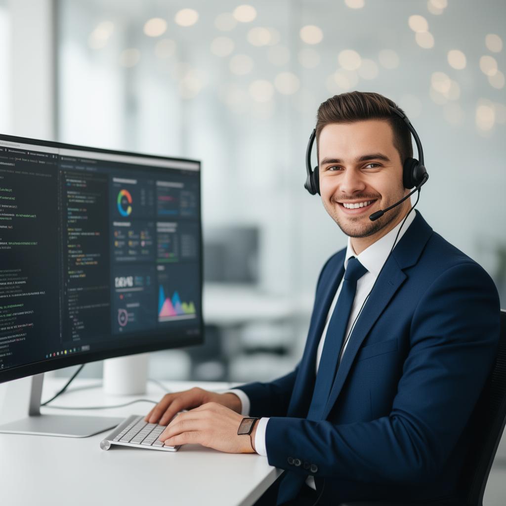 RUOS IT support specialist in a navy suit at his desktop, ready to help